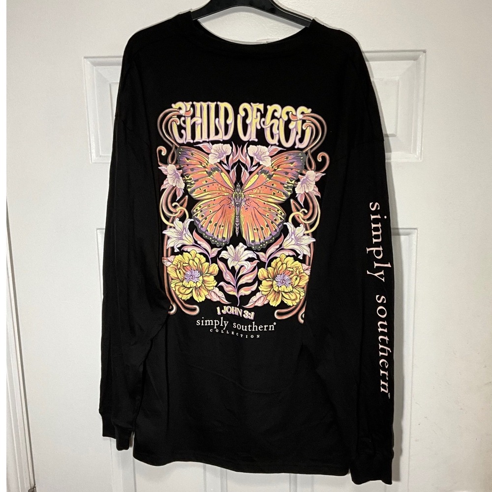 Simply Southern Mens XL Black Long Sleeve Child of God Butterfly T-Shirt NWT
